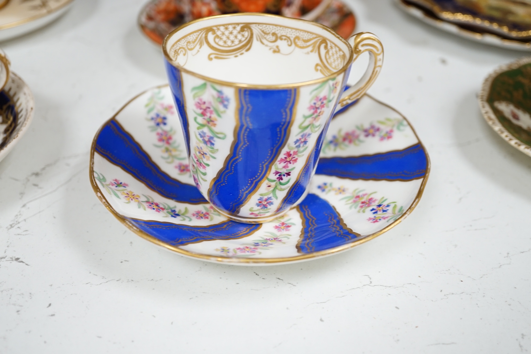 A collection of 19th century and later porcelain to include Aynsley, Davenport, Royal Crown Derby and Spode, some Imari pattern, largest 23cm in diameter. Condition - varies, mostly fair